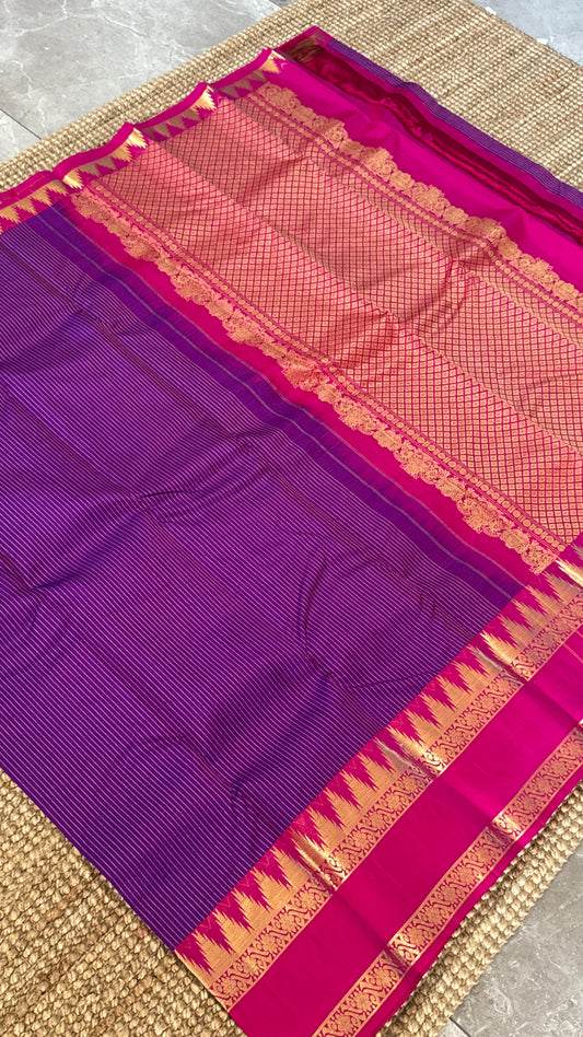 Purple Pure Kanchipuram Silk Saree with Contrast Pink Border & Pallu | Silk Mark Certified