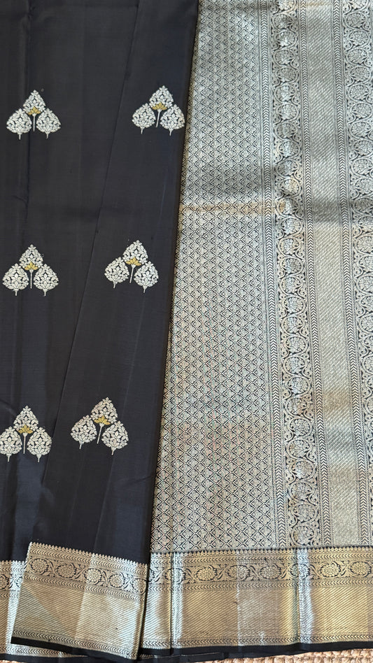 Black Beauty Pure Kanchipuram Silk Saree with Silver Zari Elegance | Silk Mark Certified