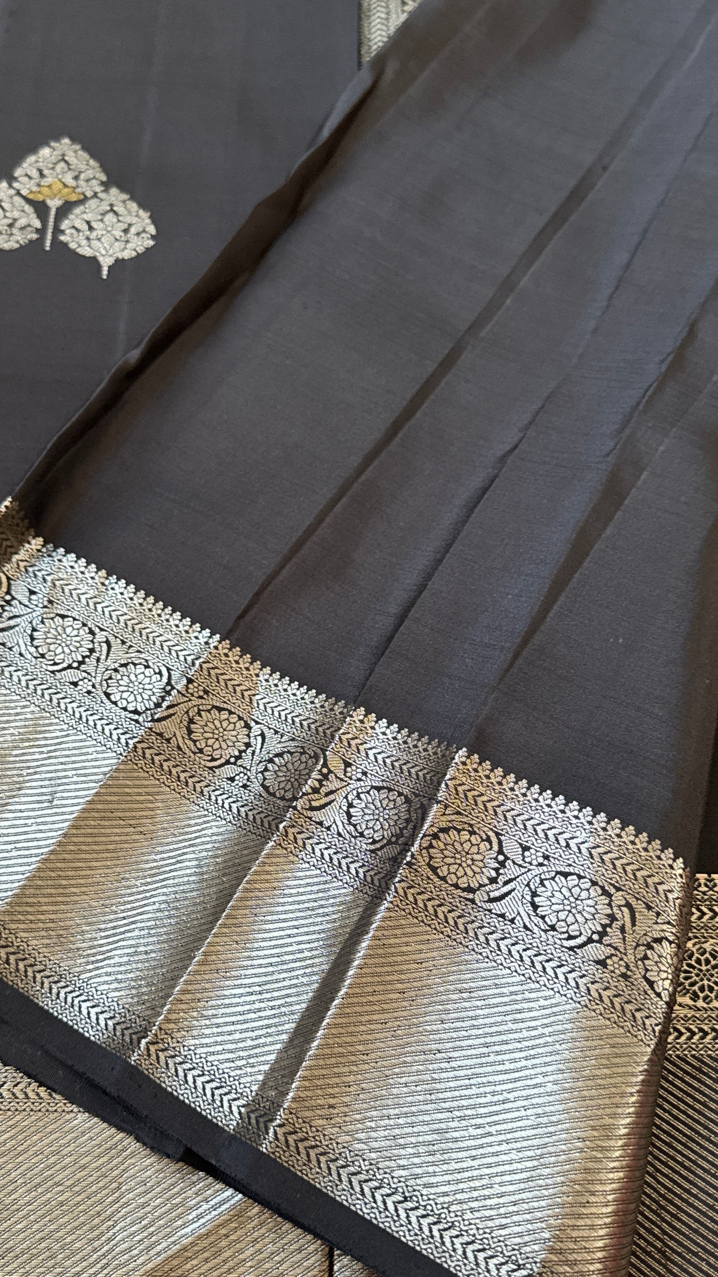 Black Beauty Pure Kanchipuram Silk Saree with Silver Zari Elegance | Silk Mark Certified