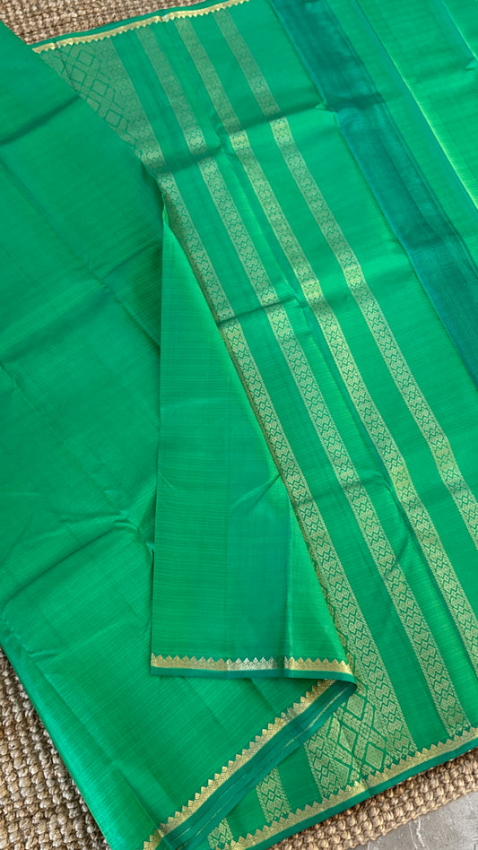 Rama Green Pure Silk Handwoven Saree with Thin Gold Zari Borders | Silk Mark Certified
