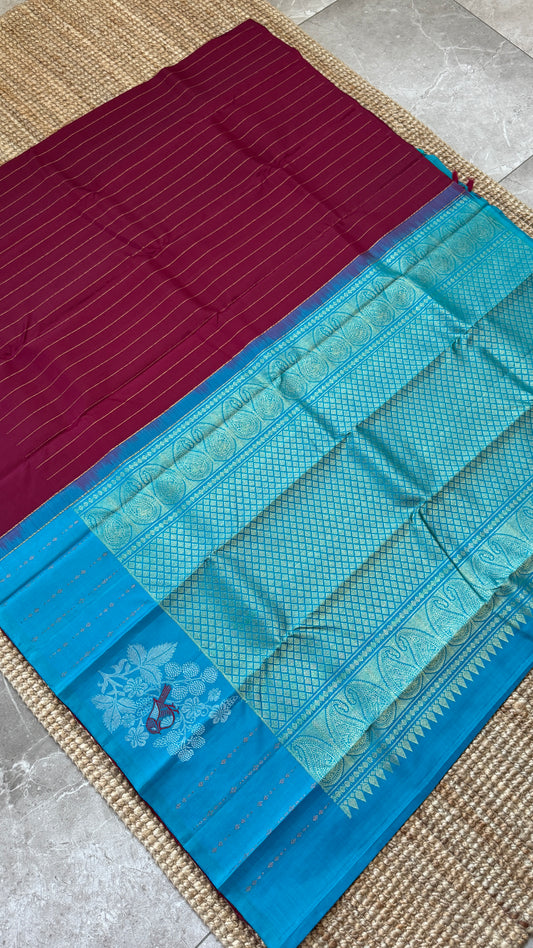 Maroon & Blue Borderless Pure Kanchipuram Silk Saree with Dual Zari Motifs | Silk Mark Certified