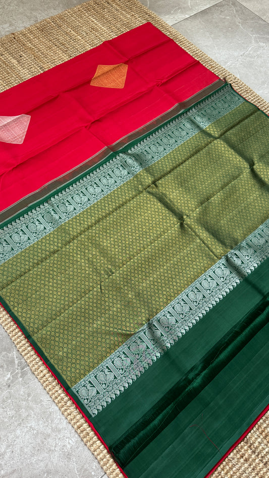 Red Pure Kanchipuram Silk Saree with Contrast Bottle Green Pallu | Silk Mark Certified