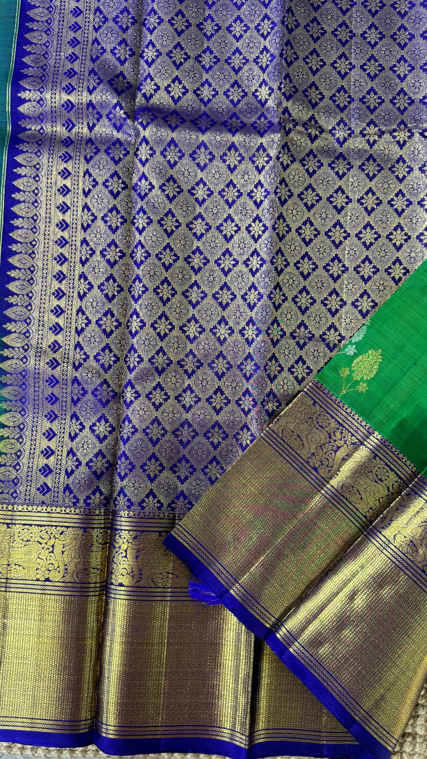 Aquamarine & Purple Pure Kanchipuram Silk Saree with Mango & Peacock Motifs | Silk Mark Certified