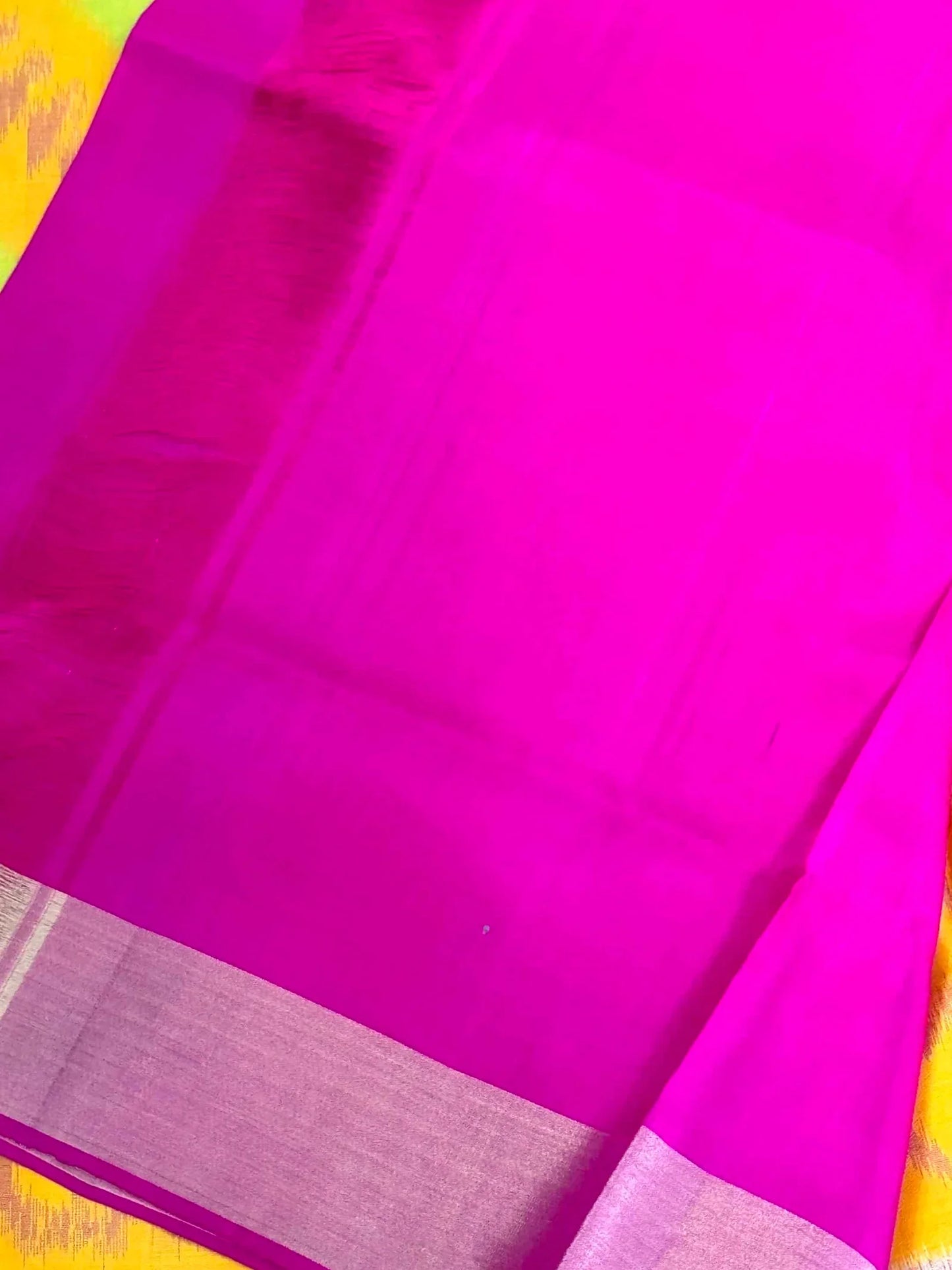 Yellow & Pink Handloom Ikkat Pure Soft Silk Saree