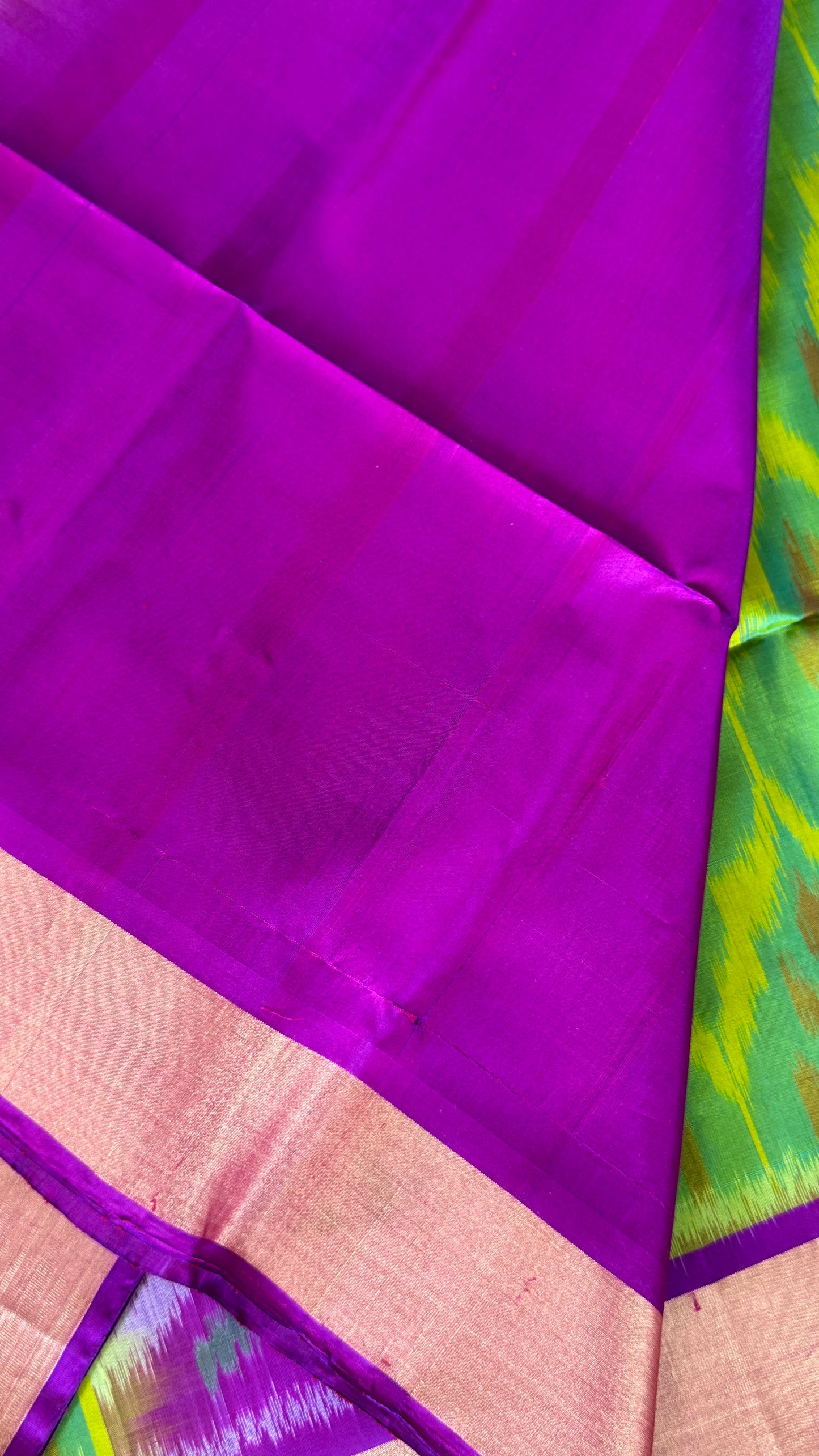 Parrot Green Pure Ikkat Soft Silk Saree with Purple Accents | Silk Mark Certified
