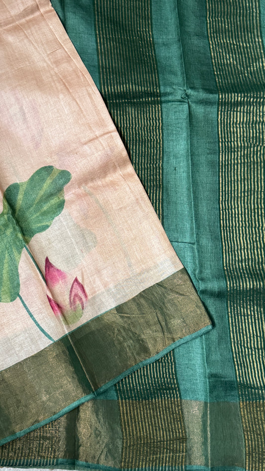 Handpainted Lotus Motif Pure Tussar Silk Saree | Silk Mark Certified - TP002