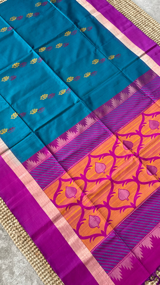 Pure Soft Silk Handloom Saree – Blue and Pink