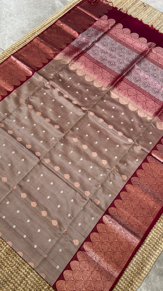 Pure Soft Silk Handloom Saree – Nude with Maroon