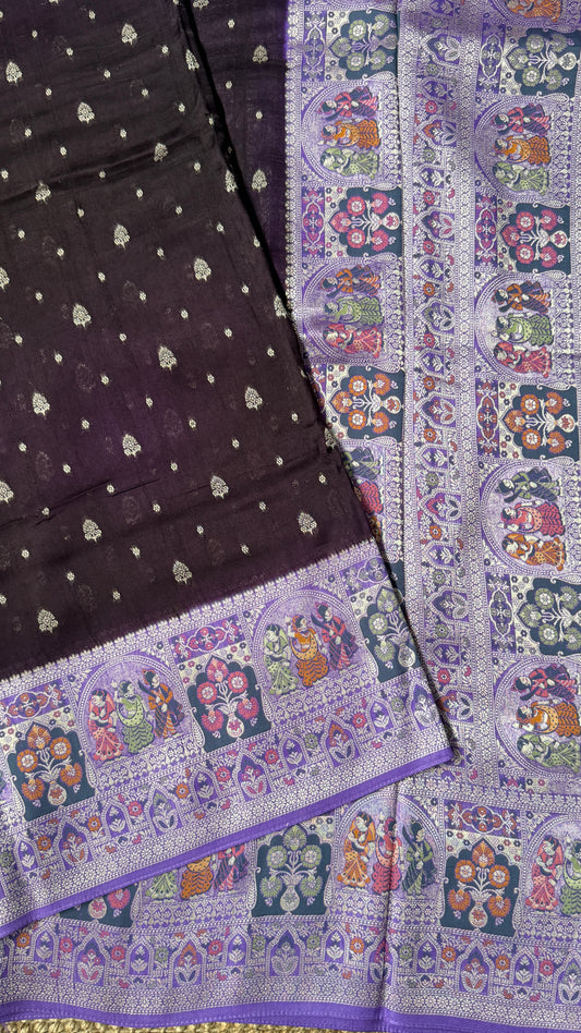 Tussar Banarasi Raw Silk Saree - Deep Violet with Lavender