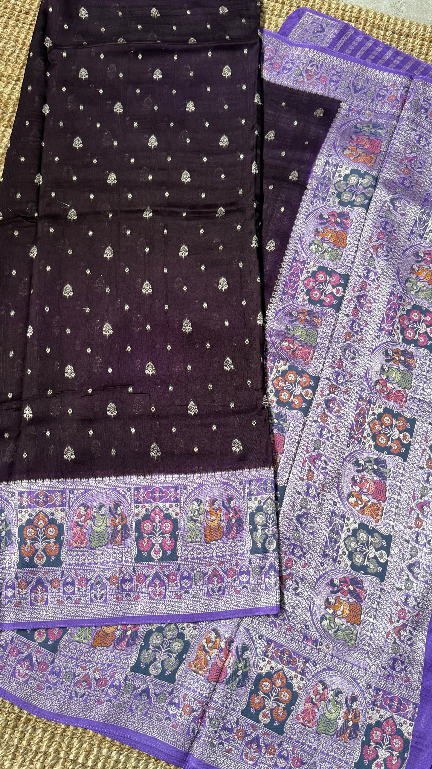 Tussar Banarasi Raw Silk Saree - Deep Violet with Lavender
