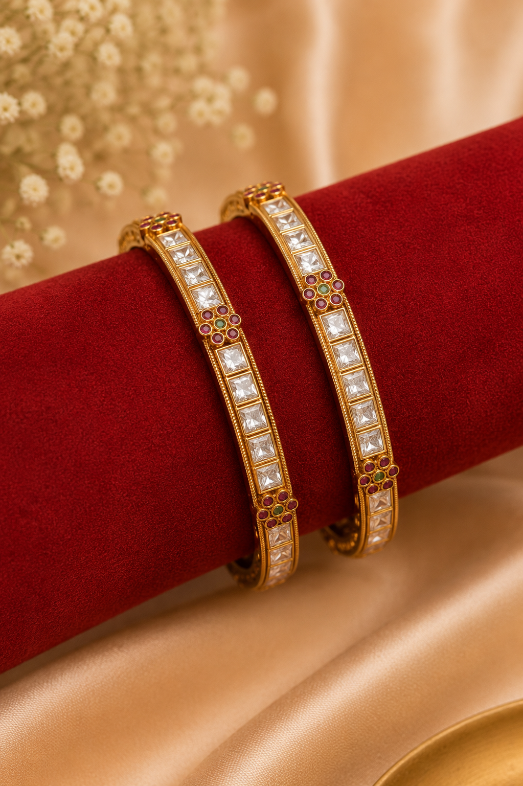 Antique White Stone Bangles – Set of 2 with Emerald Detailing
