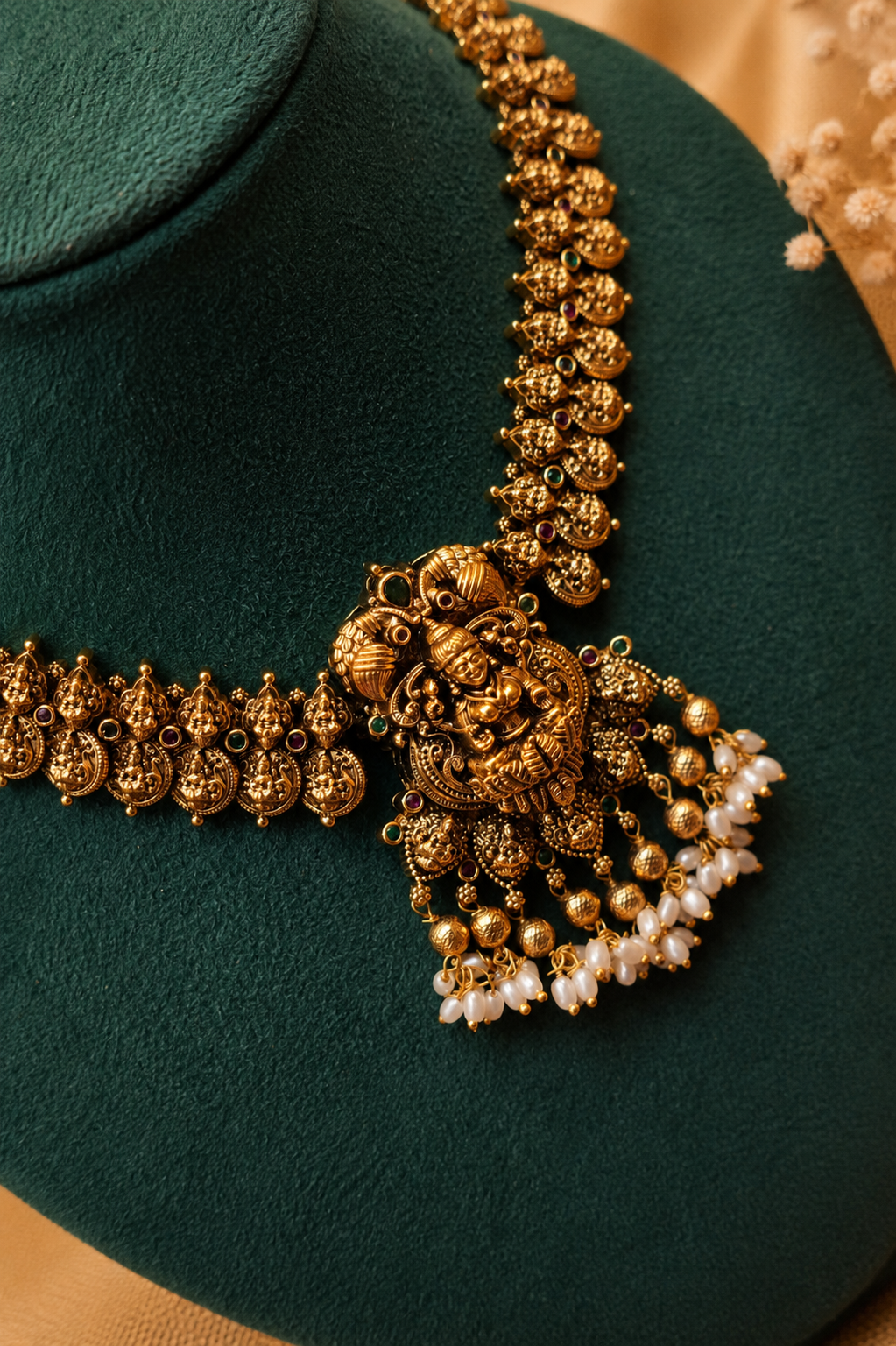 Antique Gold-Plated Lakshmi Pendant Necklace Set with Pearl Danglings