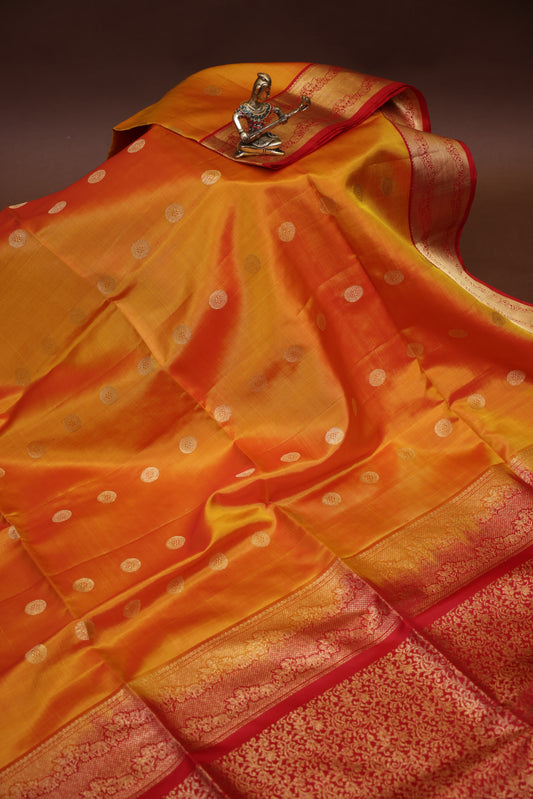 Pure Soft Silk Saree - Golden Yellow with Orange and Red