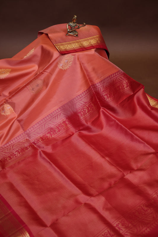 Pure Soft Silk Saree - Coral Pink & red