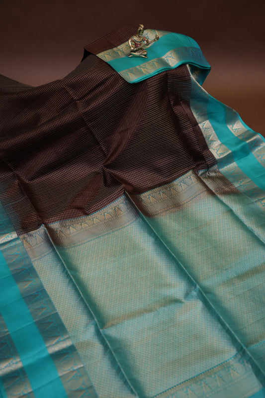 Pure Soft Silk Saree - Chocolate Brown and Turquoise Blue