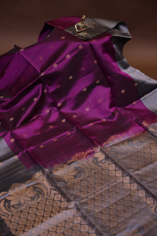 Pure Soft Silk Saree - Wine & Silver Grey