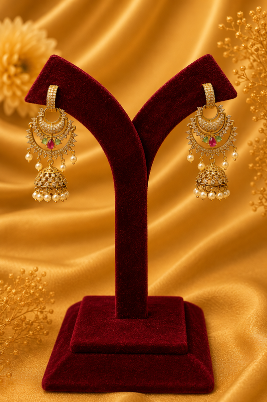 Combination Stud & Zircon Jhumka Earrings with Pearl Hangings