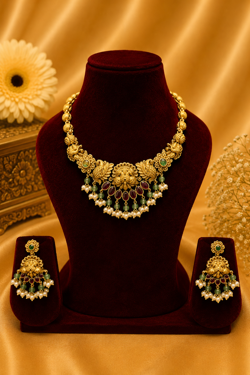 Antique Gold-Plated Lakshmi Choker Set with Mint Green & Pearl Beads