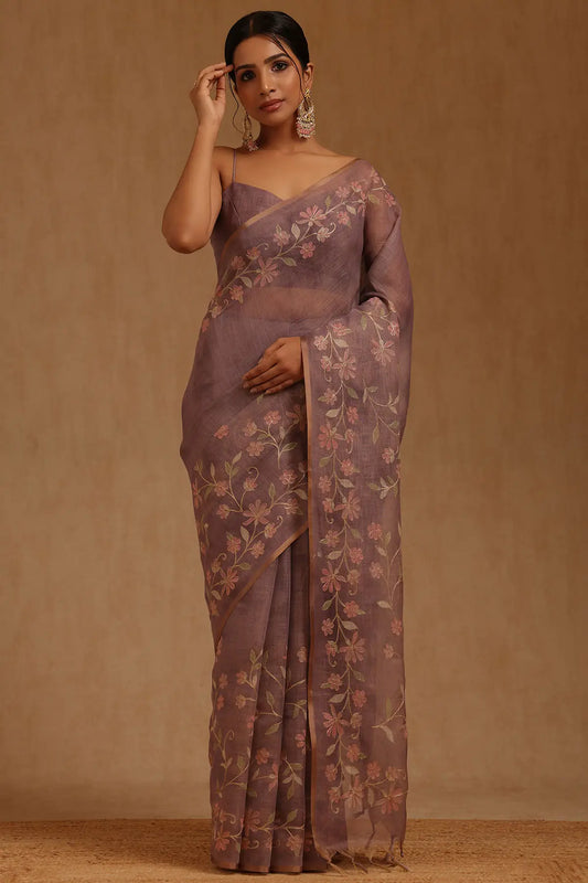 Embroidered Jute Linen Saree - Lilac