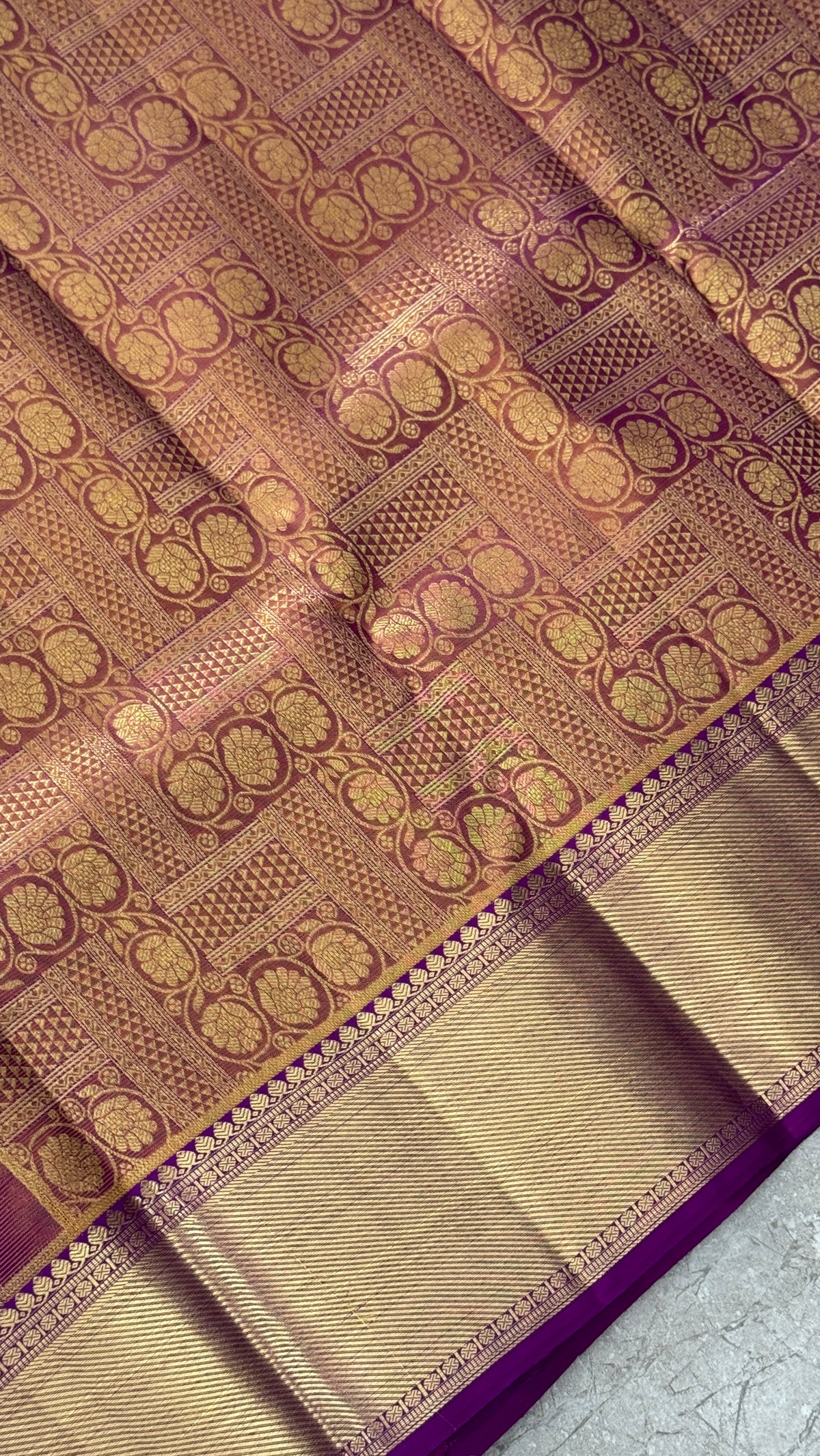 Vintage Wash Pure Kanchipuram Silk Saree – Gold with Royal Purple Contrast | Silk Mark Certified