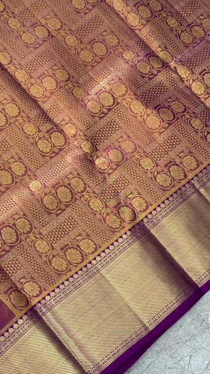 Vintage Wash Pure Kanchipuram Silk Saree – Gold with Royal Purple Contrast | Silk Mark Certified