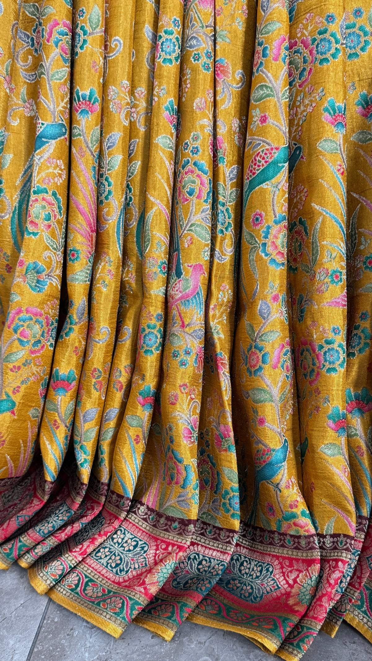 Kashmiri Pashmina Kani Silk Saree – Yellow with Red Brocade Contrast Blouse