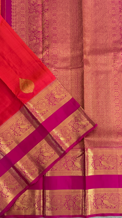 Vintage Wash Pure Kanchipuram Silk Saree – Orange with Magenta Pink | Silk Mark Certified