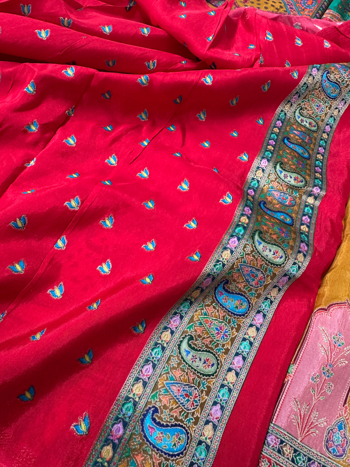 Kashmiri Pashmina Kani Silk Saree – Yellow and Red