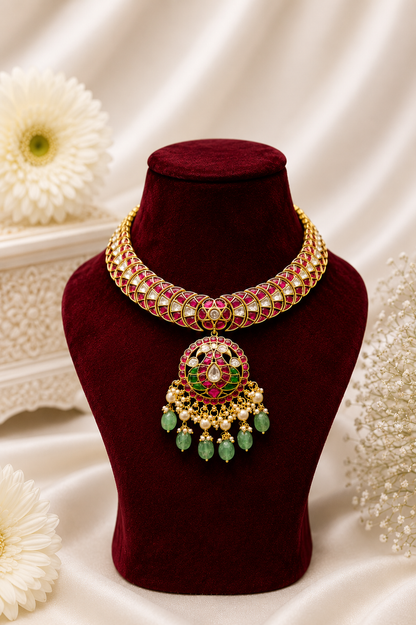 Pure Jadau Statement Choker Necklace Set with Mint Green Stone Drops