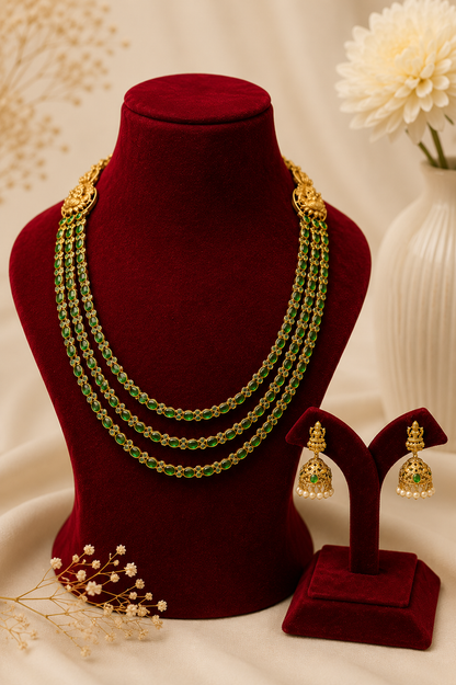 Antique Gold-Plated Temple Layered Haaram Set with Emerald Detailing