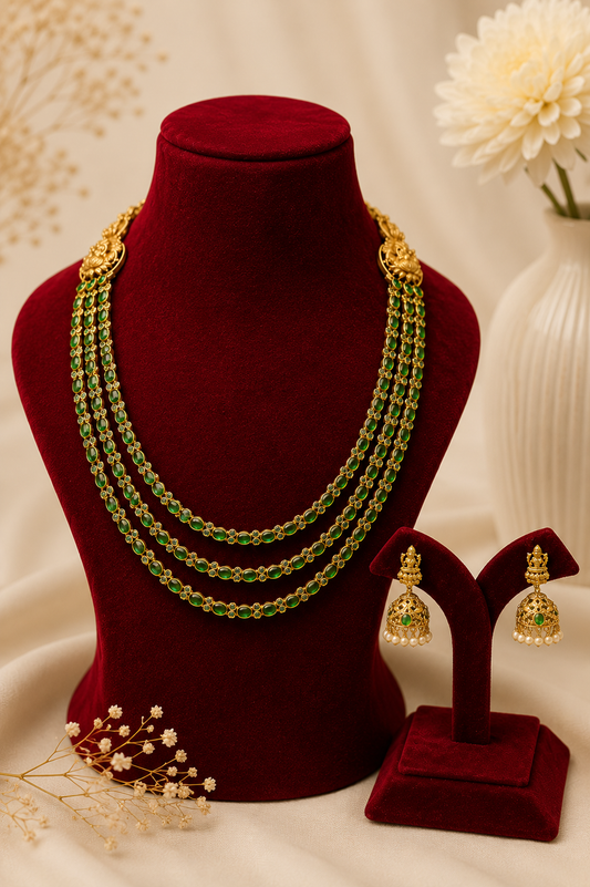 Antique Gold-Plated Temple Layered Haaram Set with Emerald Detailing