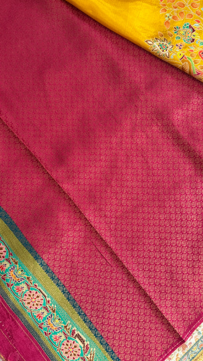 Kashmiri Pashmina Kani Silk Saree – Yellow with Pink Brocade Contrast Blouse