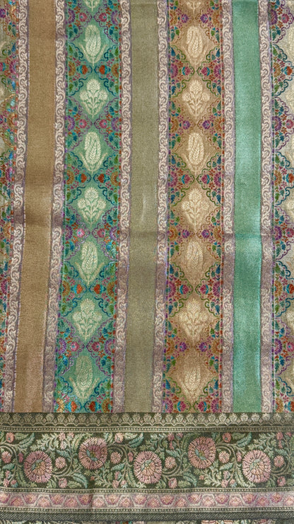 Pure Mellow Tissue Banarasi Silk Saree with Floral Patterns-Gold