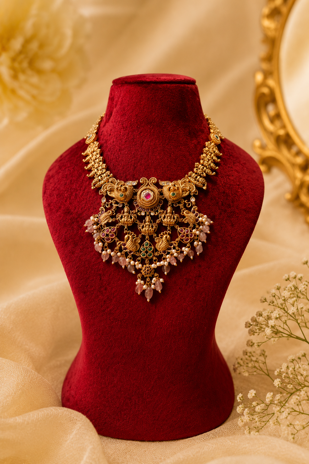 Antique Gold-Plated Temple Necklace Set with Blush Pink Stones