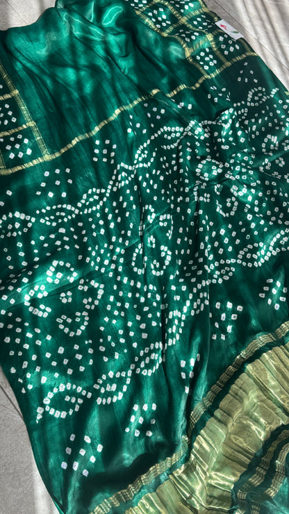 Tie & Dye Handknotted Gharchola Bandhej Pure Gajji Silk Saree - Bottle Green