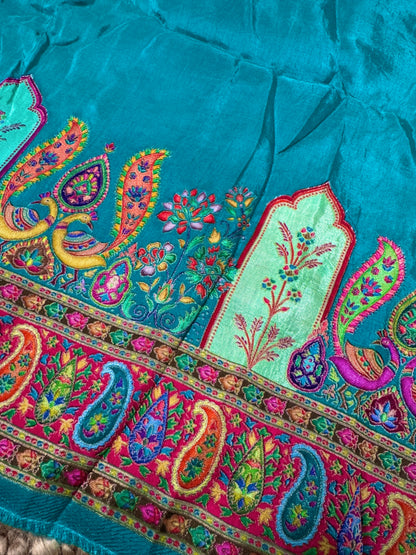 Kashmiri Pashmina Kani Silk Saree – Teal Blue