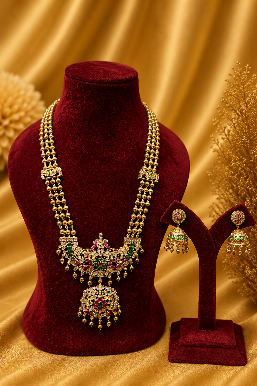 Long Antique Gold-Plated Haaram Set with Traditional Pendant & Jhumkas