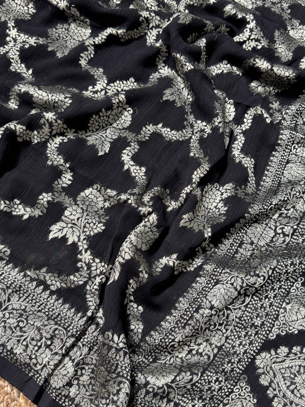 Super Soft Tussar Georgette Saree with Silver Jaal Weaving – Black