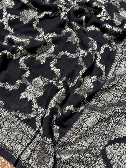 Super Soft Tussar Georgette Saree with Silver Jaal Weaving – Black