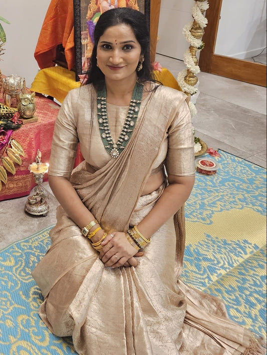 Pure Organza Tissue Banarasi Silk Saree – Champagne Gold | Silk Mark Certified