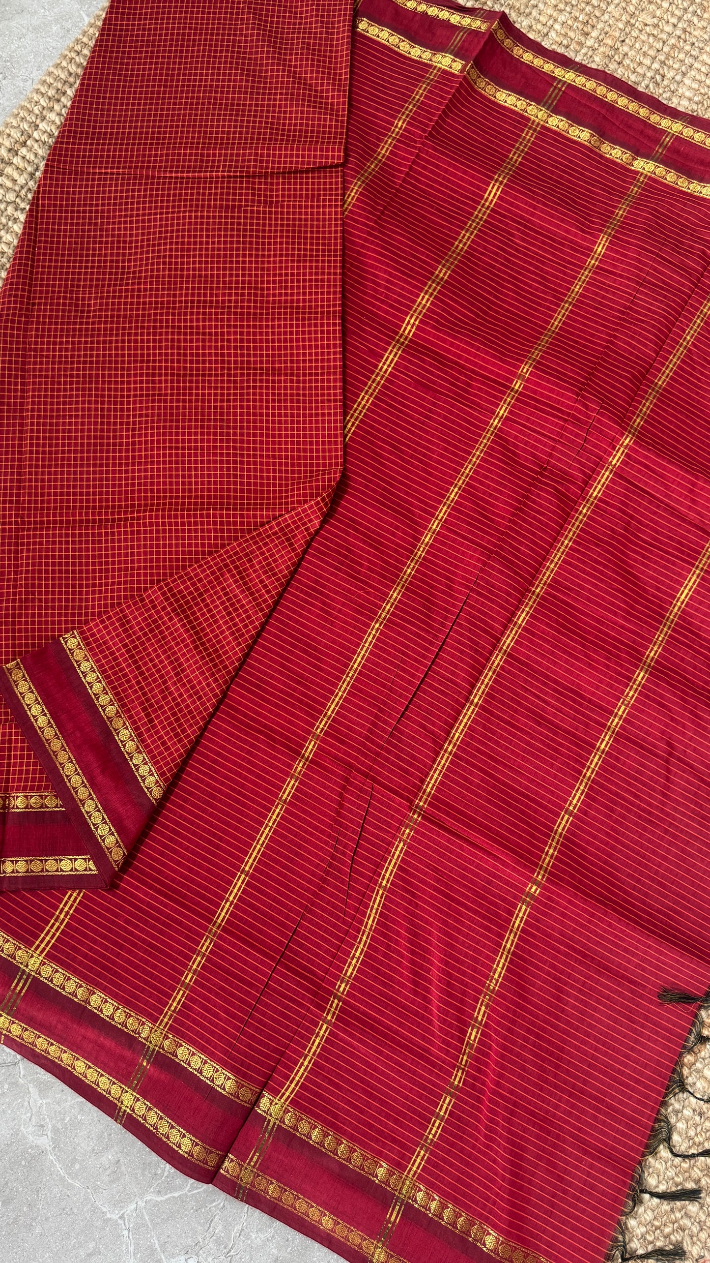 Pure Hand-Woven Checkered Cotton Silk Saree with Gap Border-Red