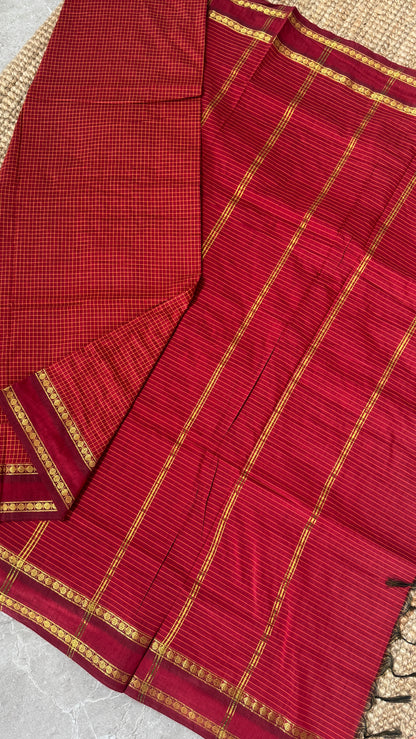 Pure Hand-Woven Checkered Cotton Silk Saree with Gap Border-Red