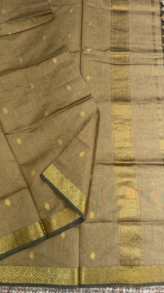 Pure Hand-Woven Cotton Silk Saree - Golden Beige