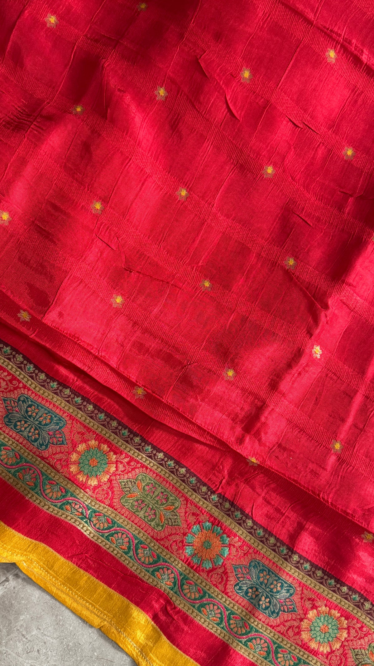 Kashmiri Pashmina Kani Silk Saree – Yellow with Red Brocade Contrast Blouse
