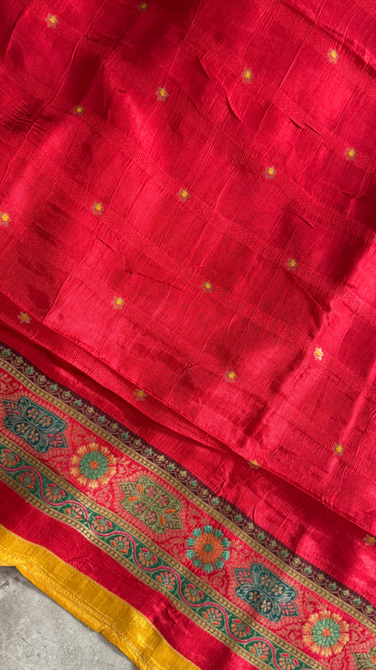 Kashmiri Pashmina Kani Silk Saree – Yellow with Red Brocade Contrast Blouse