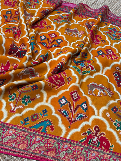 A Kashmiri Pashmina Banarasi Handwoven Sarees with Patola prints - Mustard