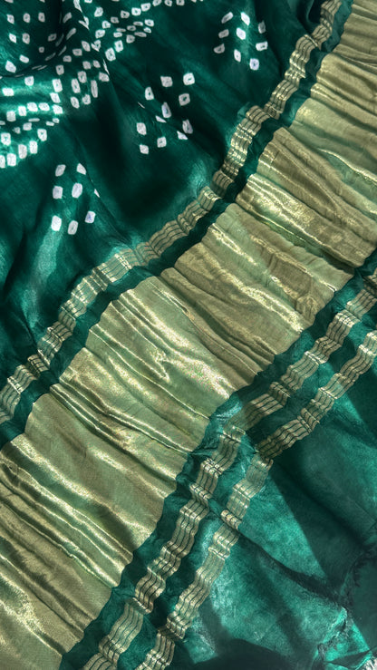 Tie & Dye Handknotted Gharchola Bandhej Pure Gajji Silk Saree - Bottle Green