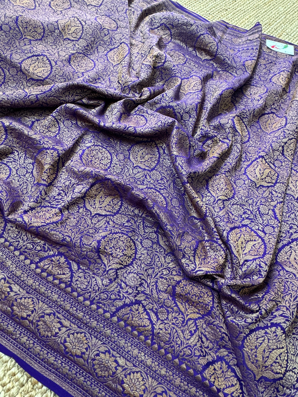 Royal Purple Pure Khaddi Georgette Banarasi Silk Saree with All-Over Gold Zari Jaal |Silk Mark Certified