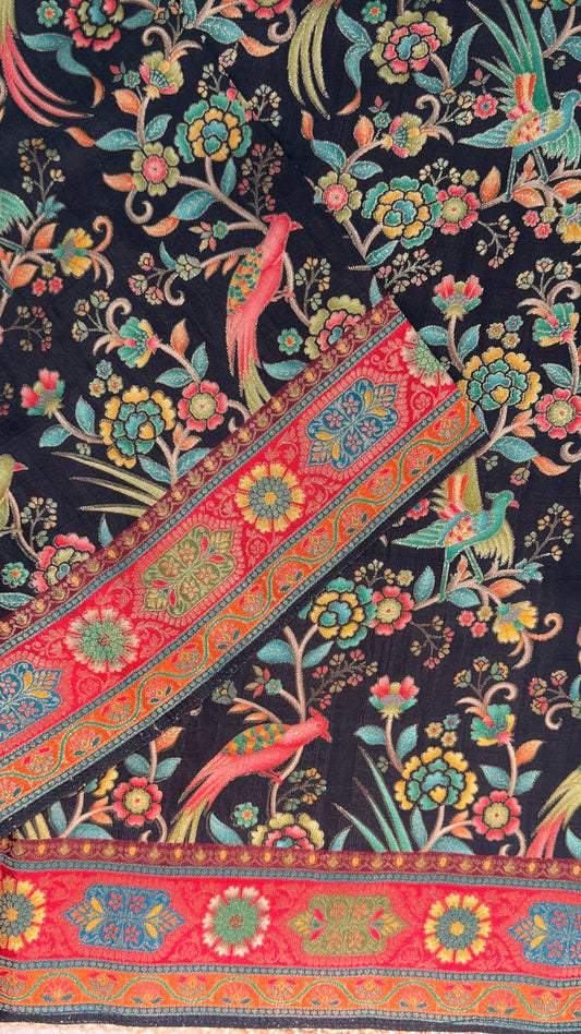 Kashmiri Pashmina Kani Silk Saree – Black with Red Blouse