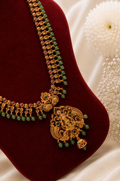 Antique Gold-Plated Temple Long Necklace Set with Emerald Green Bead Drops